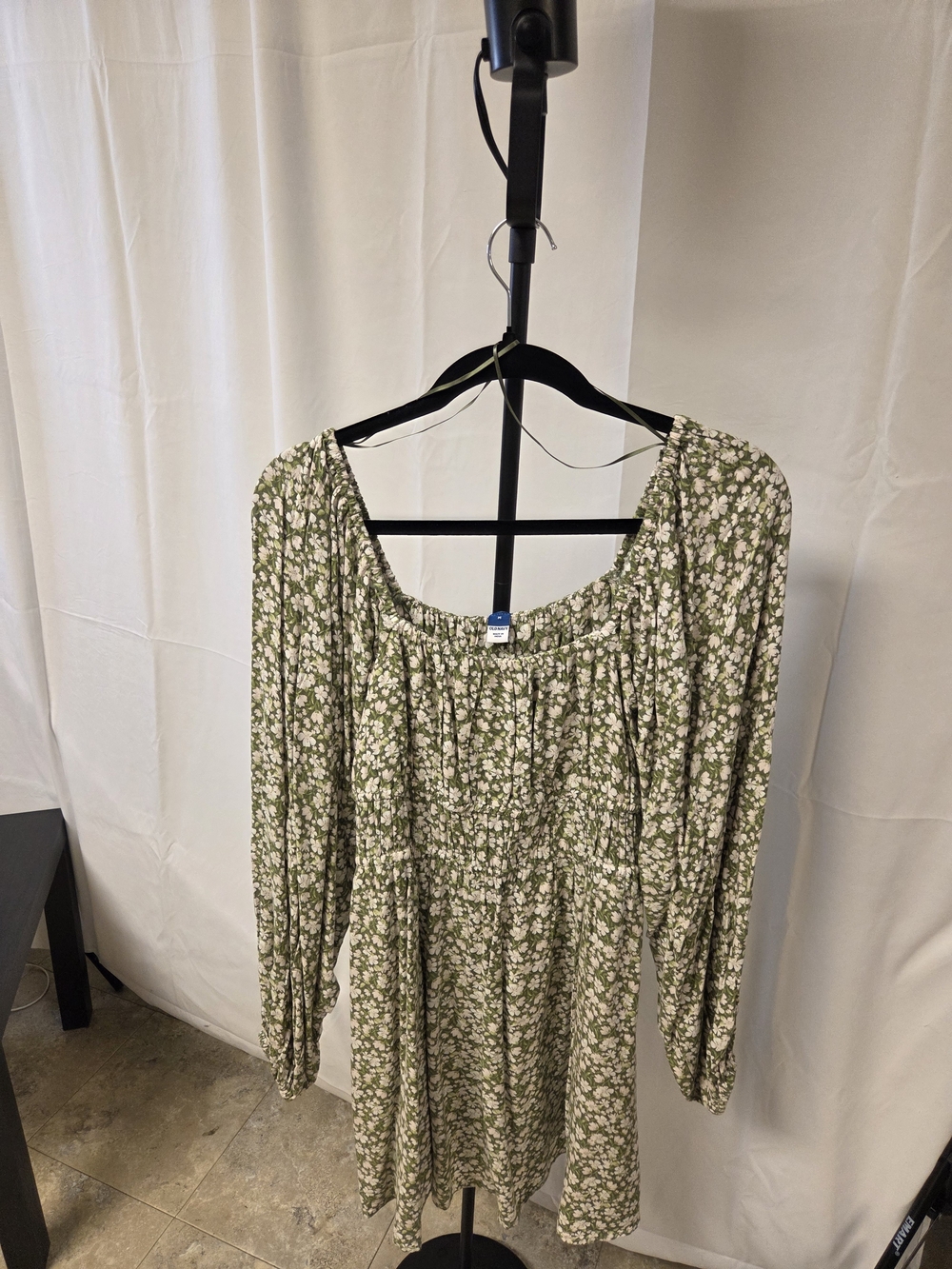 Old Navy Olive Green Floral Long-Sleeve Square Neck Dress